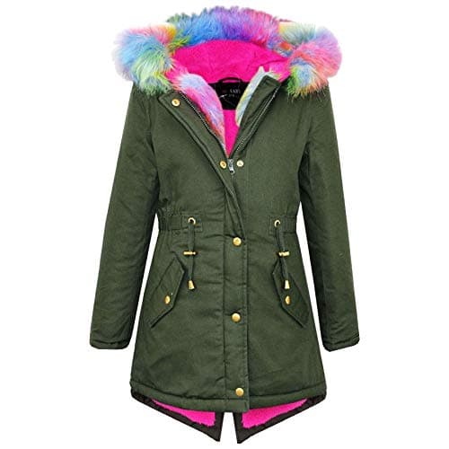 Image of A2Z 4 Kids Faux Fur Lined Parka Hooded Jacket Girls Rainbow Faux Fur - Parka Jacket Rainbow Fur Khaki 11-12
