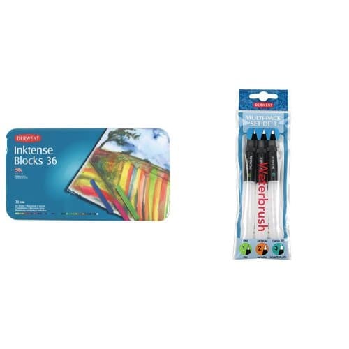 Image of Derwent Inktense Blocks Watercolour Paints Tin (Set of 36) with Derwent Waterbrush Multi-Pack (Pack of 3)