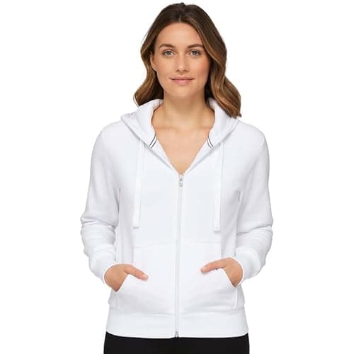 Image of Ladies Zip-Up Fleece Hoodie Jacket – Plain Long Sleeve Activewear Sweatshirt White