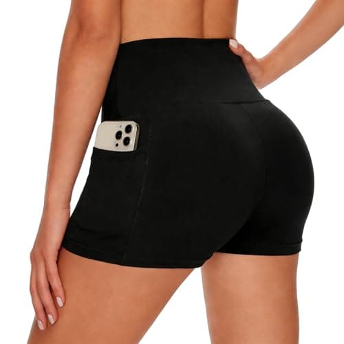 Image of LXEASYGO Womens High Waisted Hot Pants Anti Chafing Mini Shorts Stretchy Gym Shorts with Pockets for Cycling Sport Running Yoga Workout (UK, Alpha, L, XL, Regular, Regular, Black)