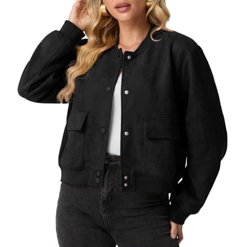 Image of GRECERELLE Womens Bomber Jacket Long Sleeve Crop Casual Smart Biker Vintage Classic Work Shacket Coat for Ladies with Snap Buttons, Two Pockets, Elastic Cuffs and Hem (Black, XXL)