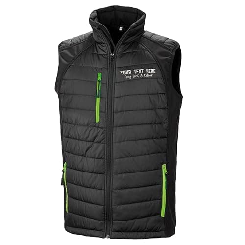 Image of Purple Print House Custom Embroidered Work Padded Gilet for Men | Personalised Lightweight Body Warmer with Embroidery Text | Staff Uniform or Outdoor Layer | Add Your Business Name, L, Black/Green