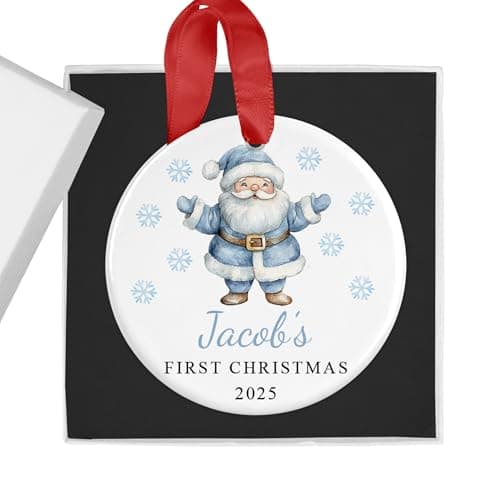 Image of Personalised Baby Boy's First Christmas Bauble with Gift Box - Classic Blue Santa - Custom Name & Year - Ceramic Tree Ornament Decoration Keepsake Gift for My 1st Xmas