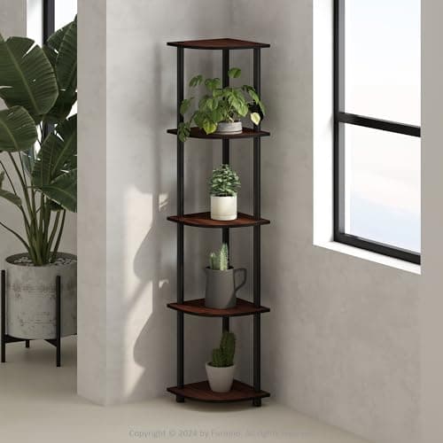 Image of Furinno TURN-N-TUBE Corner Shelf, 5-Tier Corner Bookshelf, Open Storage Shelves, for Organization and Storage, Living Room, Home Office, Garage, Bedroom, Dark Cherry
