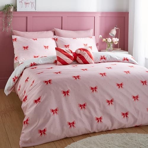 Image of Sassy B Dotty Bows Soft Microfibre Reversible Double Duvet Cover Set with Pillowcases Pink