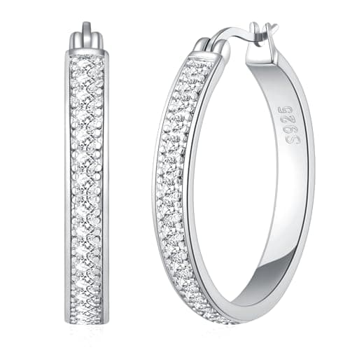 Image of BMMYE Silver Hoops Earrings for Women Hypoallergenic Rhinestone Earring Sparkly Large Rhinestone Hoops Sterling Silver Hoop Earrings 30mm Hoop