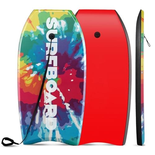 Image of COSTWAY 33''/37'' Bodyboard, Lightweight Body Board with EPS Core, XPE Deck, HDPE Slick Bottom and Wrist Leash, Surf Boards for Kids Adults (Colorful, 37”)