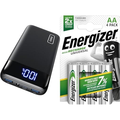 Image of INIU Power Bank, 20000mAh Fast Charging Portable Charger, 22.5W Powerbank with USB C Input & Output & Energizer Rechargeable AA Batteries, Universal Double AA, Pack of 4