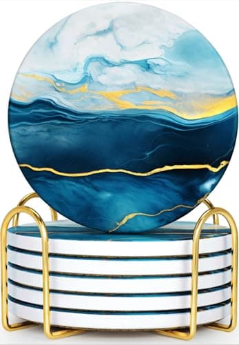 Image of GOH DODD Coasters for Drinks Set of 6, Absorbent Marble Style Ceramic Coaster Tabletop Protection Home Decor with Metal Holder for Coffee Table Housewarming Gifts Wedding Party, Blue, Round, 4 Inch