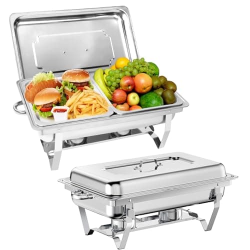 Image of EVGTTI Chafing Dish Buffet Set 2 Pack, 9L Chafers for Catering with 4 Half Size Food Pans, Fuel Holders, Lid, Foldable Frames, Stainless Steel Food Warmers for Parties Buffets Banquets Dinners
