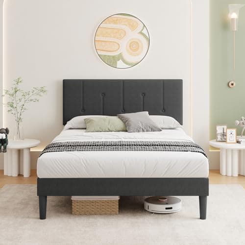 Image of Vesgantti Linen Small Double Bed Frame with Adjustable Headboard, Solid Wooden Slats & Upholstered Platform, Easy Assembly, Noise-Free, Under Bed Storage, 4FT Small Double Bed, 120 x 190 cm,Dark Grey