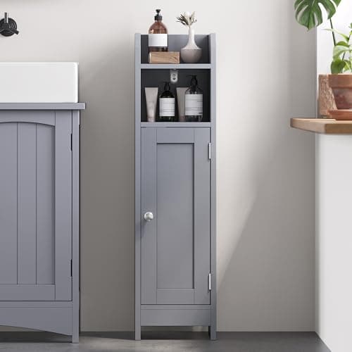 Image of VASAGLE Slim Bathroom Floor Storage Cabinet with Door and Shelves, Freestanding Bathroom Storage Unit, Narrow Bathroom Toilet Paper Storage Cabinet, Adjustable Shelves, Dove Grey BBC310P36
