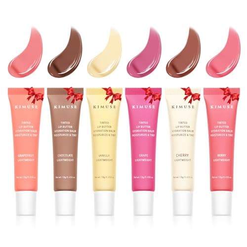 Image of KIMUSE Tinted Lip Butter Hydration Balm Set, 6 Flavored Shades Hydrating Plumping Gloss with Sheer Tint, Non-Sticky Vegan Lip Care Makeup for Dry Lips & Daily