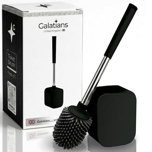 Image of Toilet Brushes & Holders | Silicone Toilet Brush and Holder Set | Freestanding or Wall Mounted Loo Brush | Hidden Tweezers | Black | Galatians®