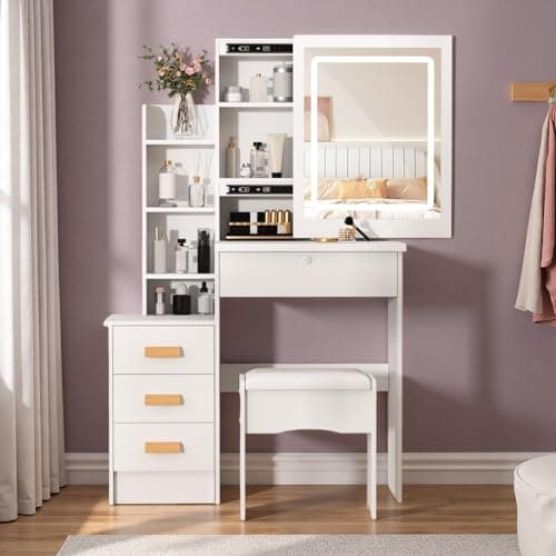 Image of Dressing Table with LED Lights and Adjustable Brightness, Vanity Desk with Mirror, 4 Drawers, 6 Hidden Shelves, and Stool, Makeup Desk for Bedroom, Modern Makeup Table with Mirror and Chair (White)