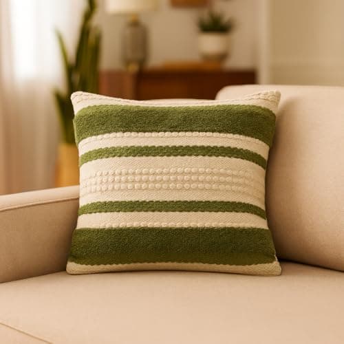 Image of TreeWool Green Tufted Boho Cushion Cover 45x45cm [1 Piece] – Handmade Woven Striped Cotton Throw Pillow Case; Decorative Accent Pillow for Sofa, Couch & Bedroom