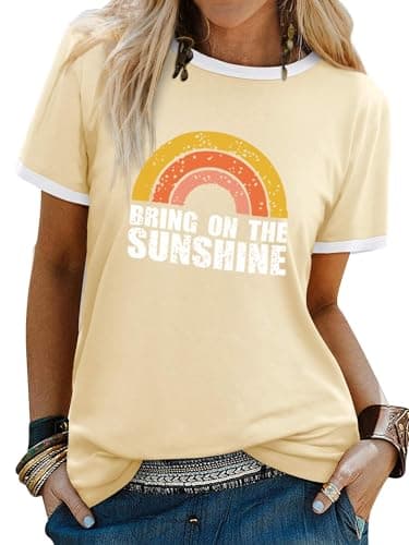 Image of Dresswel Women Bring On The Sunshine T-Shirt Rainbow Graphic Print Short Sleeve Crew Neck Tee Tops Ladies Summer Shirts(3-Apricot, XXL)