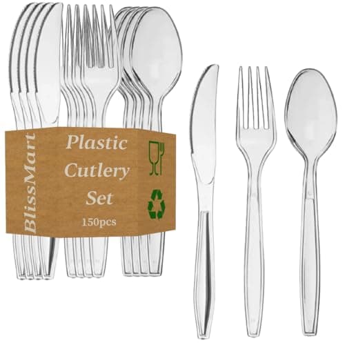 Image of BlissMart 150 Pcs Heavy Duty Clear Plastic Cutlery Set Premium Quality Washable & Reusable 50 Spoons, 50 Forks, 50 Knives Set Perfect for for All Occasion Birthday Parties Weddings Camping
