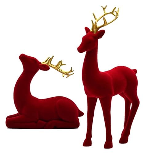 Image of 2 Pieces Christmas Reindeer Figurines, Red Resin Flocking Deer Figures Standing Sitting Deer Statues Elk Sculpture Tabletop Ornaments for Living Room Mantle Shelf Office Home Décor