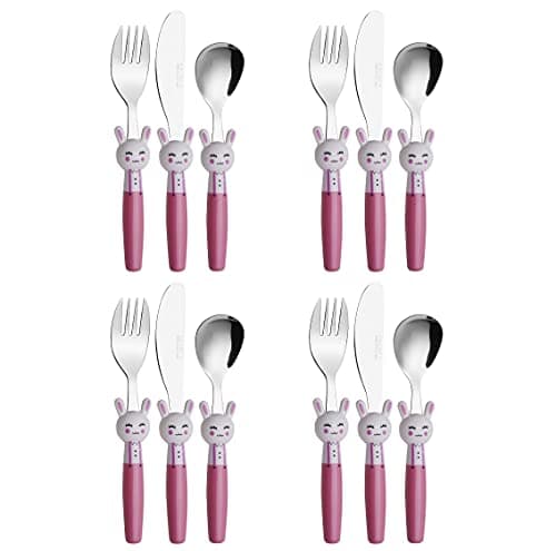 Image of Exzact Children's Cutlery Stainless Steel 12pcs/ Kids Toddler Flatware - 4 x Forks, 4 x Dinner Knives, 4 x Spoons - BPA Free - Dishwasher Safe, 24M+ (Rabbit x 12)