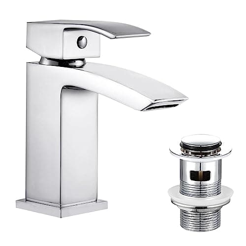 Image of Hapilife Basin Taps Waterfall with Pop up Waste Slotted Square Bathroom Sink Mixer Tap with G1/2 UK Standard Hoses Single Lever Mono Monobloc Modern Cloakroom Faucet 1 Hole