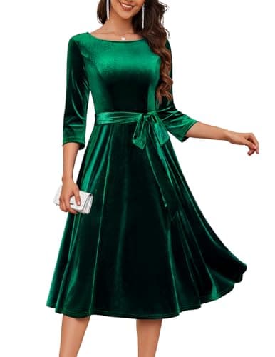 Image of DRESSTELLS Dark Green Velvet Dress for Women, Holiday Cocktail Wedding Guest Dresses with Long Sleeves, Winter Formal Evening Party Emerald Green L