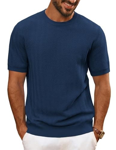 Image of PJ PAUL JONES Mens T Shirt Crew Neck Knitted Tee Shirt, Casual T Shirts UK Short Sleeve Navy Blue XL