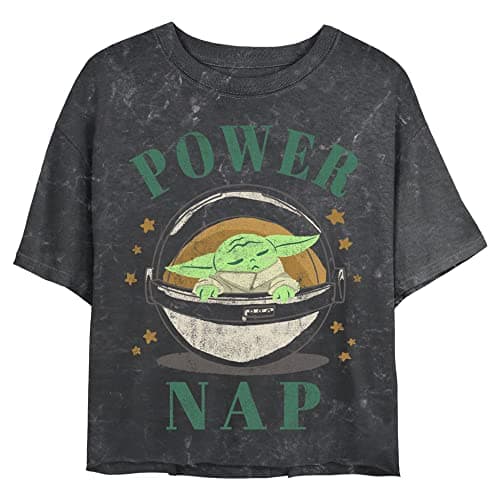 Image of STAR WARS Women's The Mandalorian Power Nap Mineral Wash Short Sleeve Crop Tee T-Shirt, Black, S