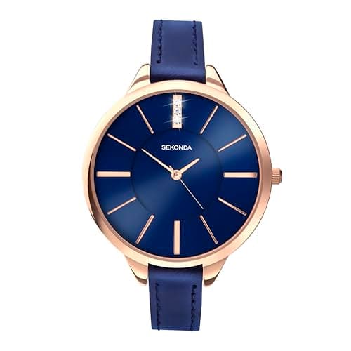 Image of Sekonda Ada Womens Watch – Quartz 39mm Ladies Watch with Stone Set Sunray Dial, Rose Gold-Tone Case and Blue Leather Strap – 2 Year Warranty