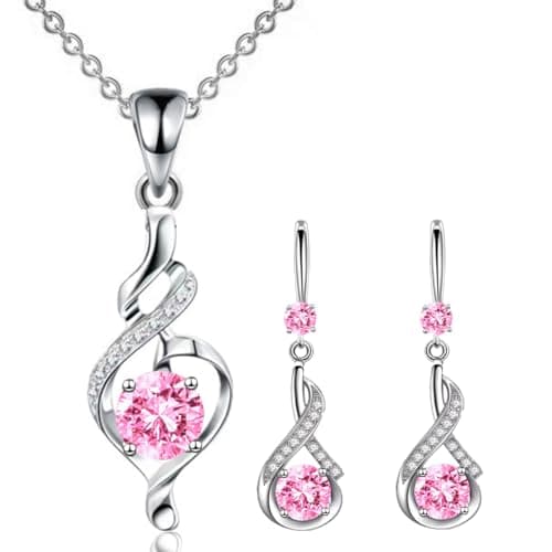 Image of APMGONT Silver Jewellery Sets for Women, Women Crystal Teardrop Necklaces and Earrings Sets, Crystal Women's Jewellery Sets with Zirconia Hook Dangle Earrings Gift for Birthday Christmas (Pink)