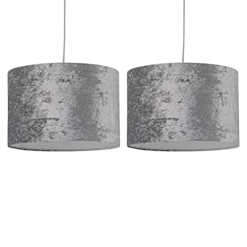 Image of Set of 2 Grey Crushed Velvet Pendant Shades, Easy Fit Ceiling Lightshades, Modern Light Shades, Diameter 25cm