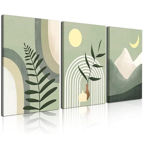 Image of Boho Wall Art Painting,Boho Wall Art Set of 3, Sage Green Minimalist Framed Canvas Wall Art Geometric Leaf Sun Moon Beige Green Canvas Artwork 12"X16" for Bathroom Living Room Boho Wall Decor