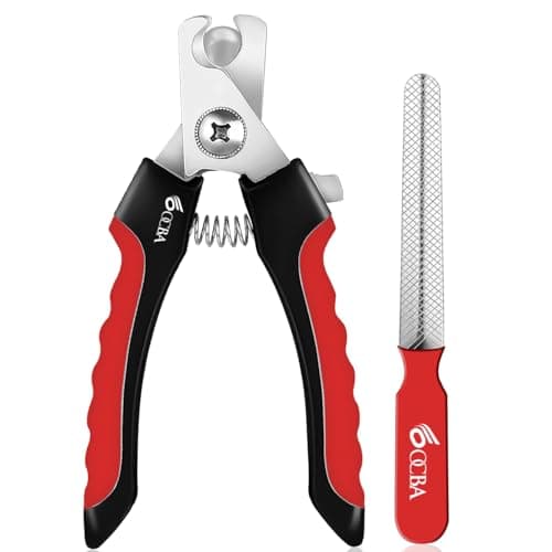 Image of OCBA Dog Nails Clippers with Safety lock & Nail File Professional Dog clippers suitable for all sized Breeds Protection Guard to Prevent Over Cutting suitable for Cats Rabbits (Red Black, Large)