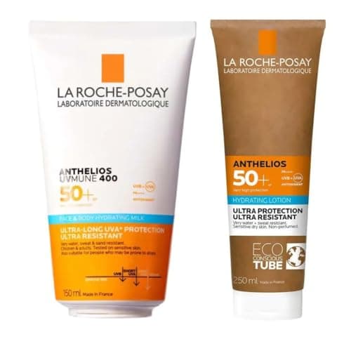 Image of La Roche-Posay Anthelios Body Milk SPF50+ 250ml & UVMune 400 Hydrating Milk SPF50+ 150ml Duo – High UVA/UVB Protection for Face & Body