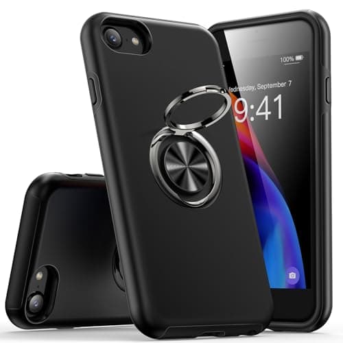 Image of KRAFTCARE Case Compatible for iPhone SE 2022 & 2020, iPhone 8 & 7 Case with Kickstand Ring, Shockproof Anti Scratch 360° Ring Stand Phone Case Cover Compatible for iPhone SE/8/7 - Black