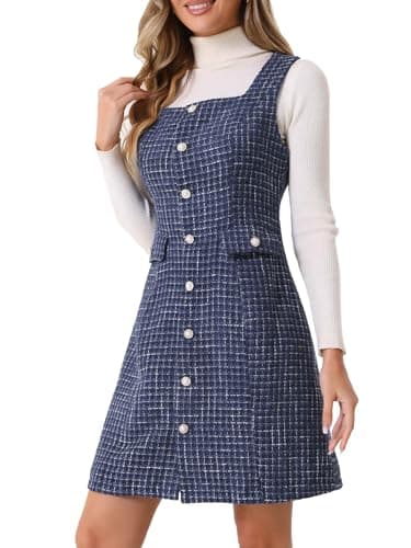 Image of Allegra K Tweed Dress for Women's Sleeveless Square Neck Button Up A-Line Pinafore Overall Dresses Navy Blue XL