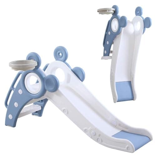 Image of YOLEO 4-in-1 Kids Slide with Basketball Hoop - Baby Slide & Climber Playset, Foldable Indoor Outdoor Toddler Slide for Ages 1-3, Safe Children‘s Garden Slide with Ball & Extended Runout (Blue)