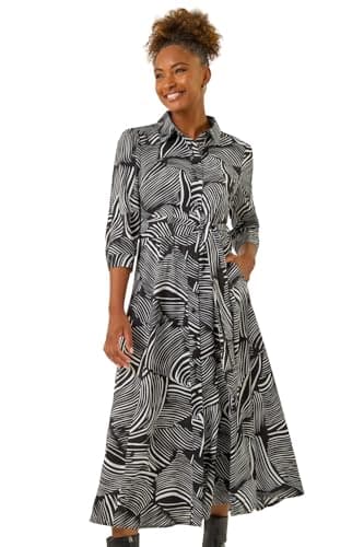 Image of Roman Originals Shirt Dress for Women UK- Ladies Long Sleeve Belted Collared Midi Maxi Winter Autumn Smart Casual Button Through Evening Office A Line Swing Skater - Abstract Noir - Size 12
