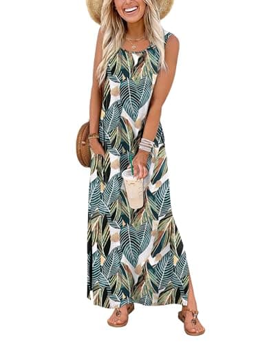 Image of WIHOLL Womens Summer Maxi Dress Casual Ladies Dresses Elegant Sleeveless Maxi Dresses for Women UK with Split and Pockets Size 18-20 Floral Palm Leaf