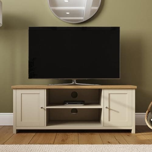 Image of GFW Large Lancaster TV Cabinet Unit Storage Shelves & Cupboard. Cream Living Room TV Stand Oak Top. Wood Sideboard Media Stands. Cream & Oak Sideboard TV Unit Rear Cable Entry.