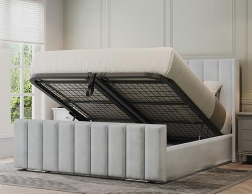 Image of Furnishion King Size Bed Frame with Storage - Silver Velvet Ottoman Bed King Size - Panel Storage Bed Mattress Not Included - 48inch High Headboard