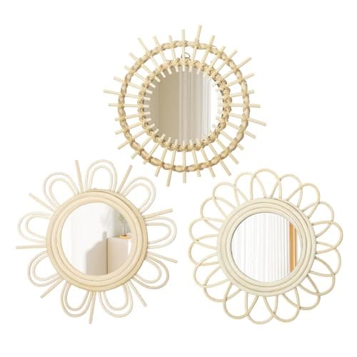 Image of Oairse Set of 3 Rustic Round Wall Mirrors - Handwoven Boho Mirror Decor for Wall Hanging, Small Wooden Rattan Mirrors Set for Home Bathroom Living Room Entrance Bedroom