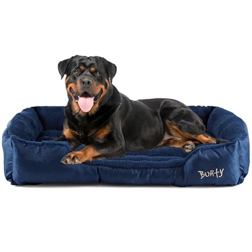 Image of Bunty Deluxe Dog Bed - Small, Medium to XXL Calming Washable Dog Bed - Non-Slip Base, Raised Walls, Fleece Lined Interior, Plush Cushioning, Insulates & Retains Heat - XXL, Blue