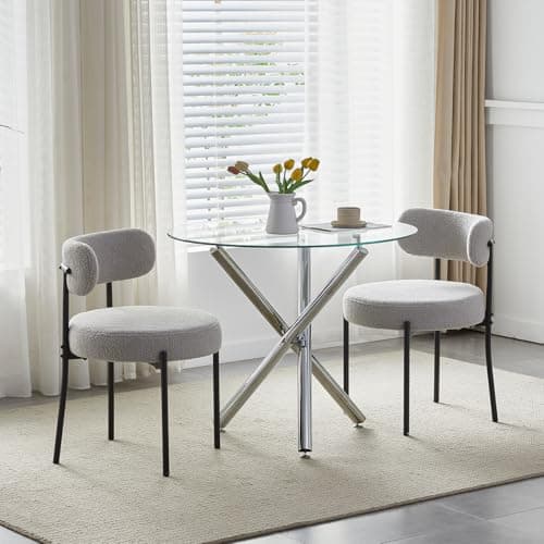 Image of Homullel Round Dining Table and 2 Chairs, 2 Seater Table and Chairs Set for 2, Compact Kitchen Dining Room Set for Space Saving, Glass Tabletop 90 cm (Fluffy Grey, 2 Seaters)
