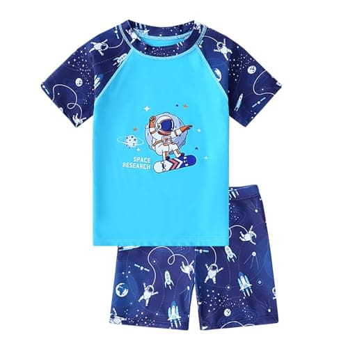 Image of NautySaurs Boys Blue Swimming Costume Big Kids Swim Trunks Dinosaurs Shark Two Piece Swimsuit T-Shirt Shorts Set (Astronaut, 7-8 Years)