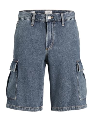 Image of JACK & JONES Mens Cargo Jeans Shorts, 2 Front Pockets, Zip Fly, 100% Cotton Shorts for Men, Blue Denim Colour, UK Size M