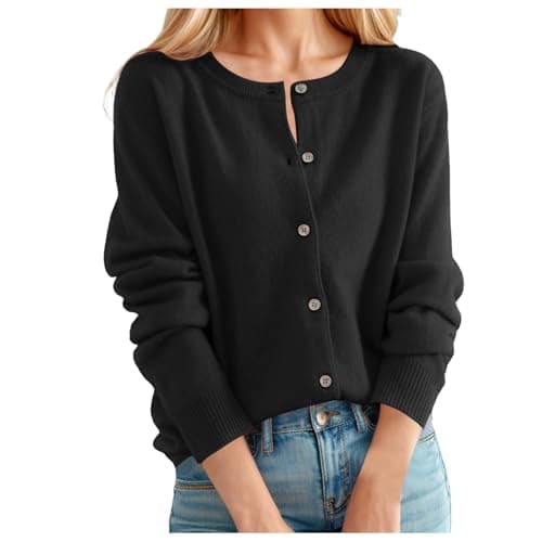 Image of Cardigans for Women UK Women's Cashmere Cardigan Round Neck Sweater Spring Autumn Winter Long Sleeve Knitted Solid Color Soft Cardigan Sweater Lightweight Crewneck Cardigan Jumper Comfy