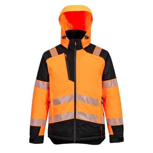 Image of Portwest T160 PW3 Hi Vis Winter Jacket Waterproof Breathable Thermal Insulatex Pro Lining Stretch Soft Shell Two Way Zip Harness Access Removable Hood Windproof Durable Design, Orange/Black, 4XL