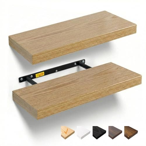Image of RICHER HOUSE Floating Shelves, 40cm Wall Shelves, Wooden Shelves for Wall with Invisible Brackets, Bookshelf Set of 2 for Bathroom, Bedroom, Office, Living Room, Kitchen (Oak, 40 x 23.5 x 3.8 cm)