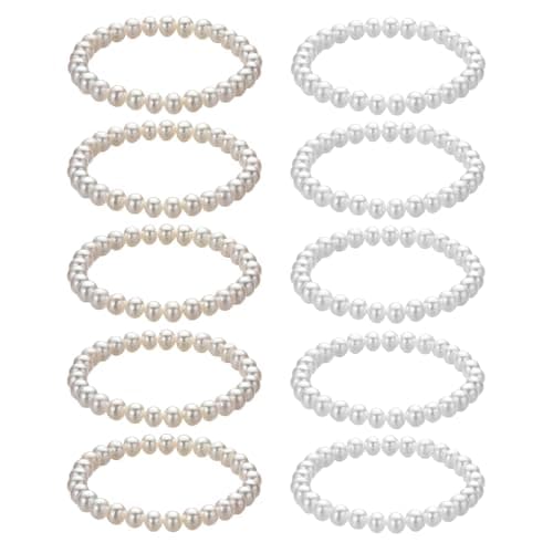 Image of Nzexlyva 10 Pcs Pearl Bracelets, Faux White Pearl Bracelets for Women, Pearls Stretch Elastic Bracelet for Bridesmaids Bridal Wedding Lady Prom Party Valentine's Day Jewelry Gift (White and Off-White)